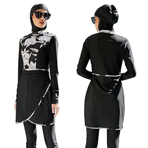 Muslim Swimsuits for Women Modest Islamic Arabic Swimwear Burkini Full Cover Hijab Long Sleeve Muslim Dress Top + Pants Set with Cap Sun Protection Rash Guard Bathing Suits Black Floral - Skirt Hem XL