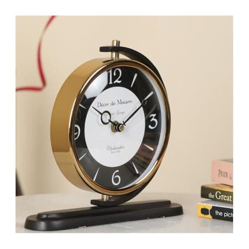 Decor de Maison Metal Brings Handcrafted Aleksi Analog Table Clock for Kidsroom, Living Room, Bedroom, Study Table, Office Desk | Classic Non-Ticking Tabletop Battery Operated Desk Clock (Black)