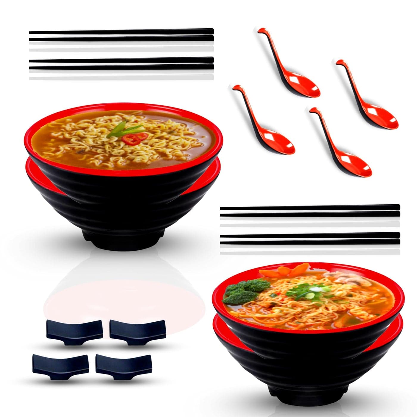 ROHGAN 32 OZ Red Ramen Bowl Set 20Piece Japanese Melamine Noodle Set with 4 Bowls Spoons Chopstick Holders Pairs of Chopsticks Deep Lightweight Bowls for Pho Udon Soup Pasta