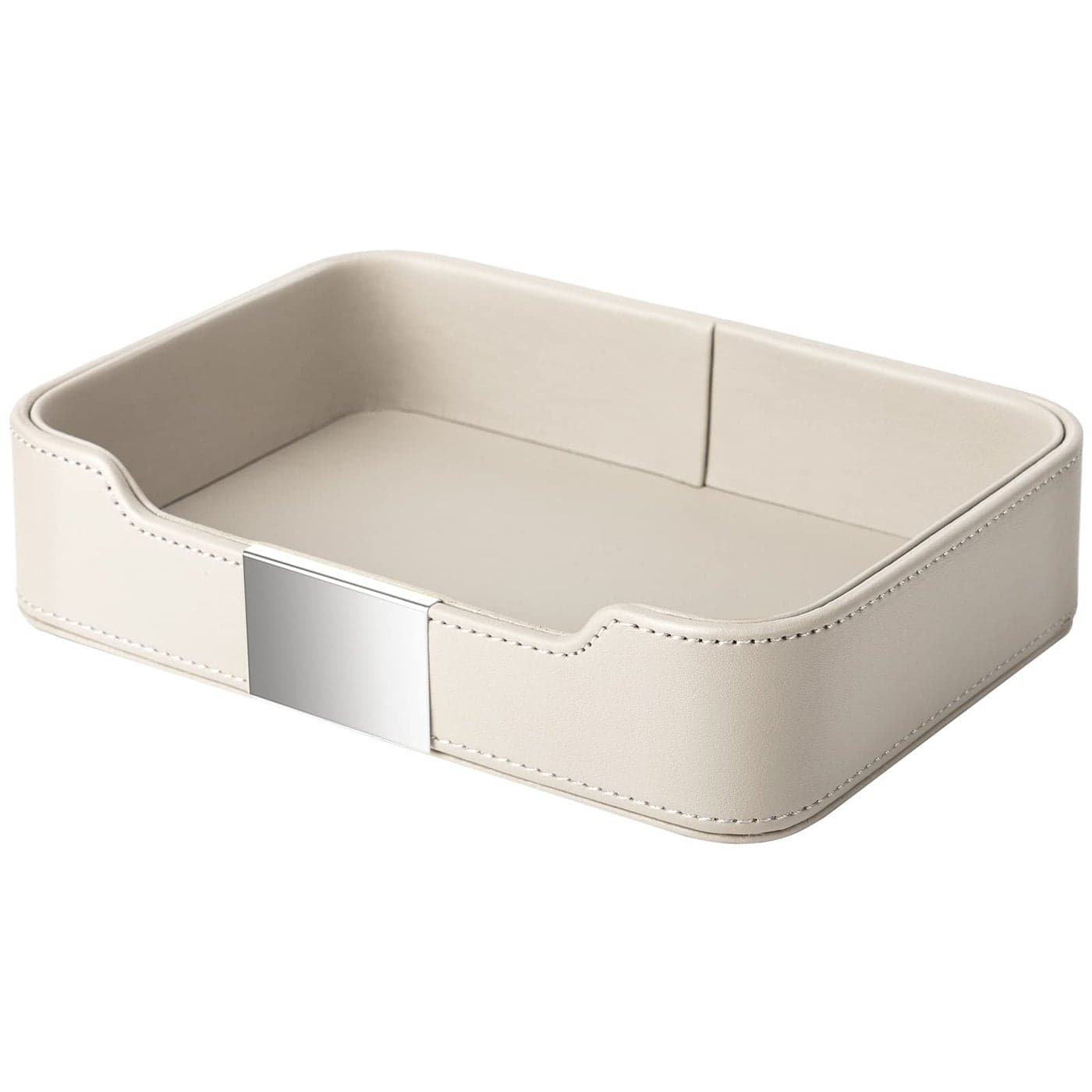 SANZIE Luxury Leather Tray Desktop Storage Catchall Organizer Decorative Tray for Entryway Table to Hold Jewelry Watch Keys Phone Wallet Metal Silvered Grey