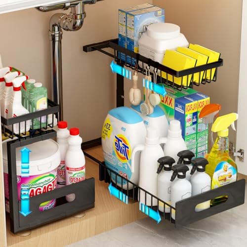 ADBIU Under Sink Organizer(10 Seconds Installation), 2 Packs 2 Tier Expandable Height (11" - 16") Bathroom Kitchen Organizers And Storage