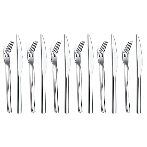 Steak Knives Set 12 Piece Premium Stainless Steel 6 Dinner Forks and 6 Dinner Knives Set Steak Knives Steak Forks for 6 Person Mirror Polish Dishwasher Safe Shiny Silver