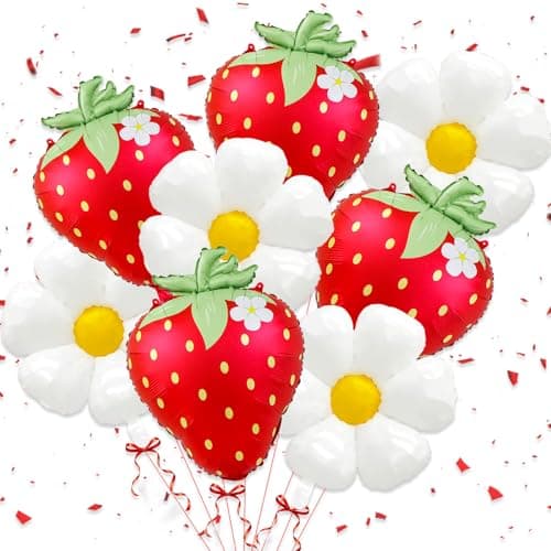 8 PCS Strawberry Balloons Daisy Balloons Red Berry Foil Balloons for Strawberry Themed Birthday Party Decorations Berry First Birthday Decorations