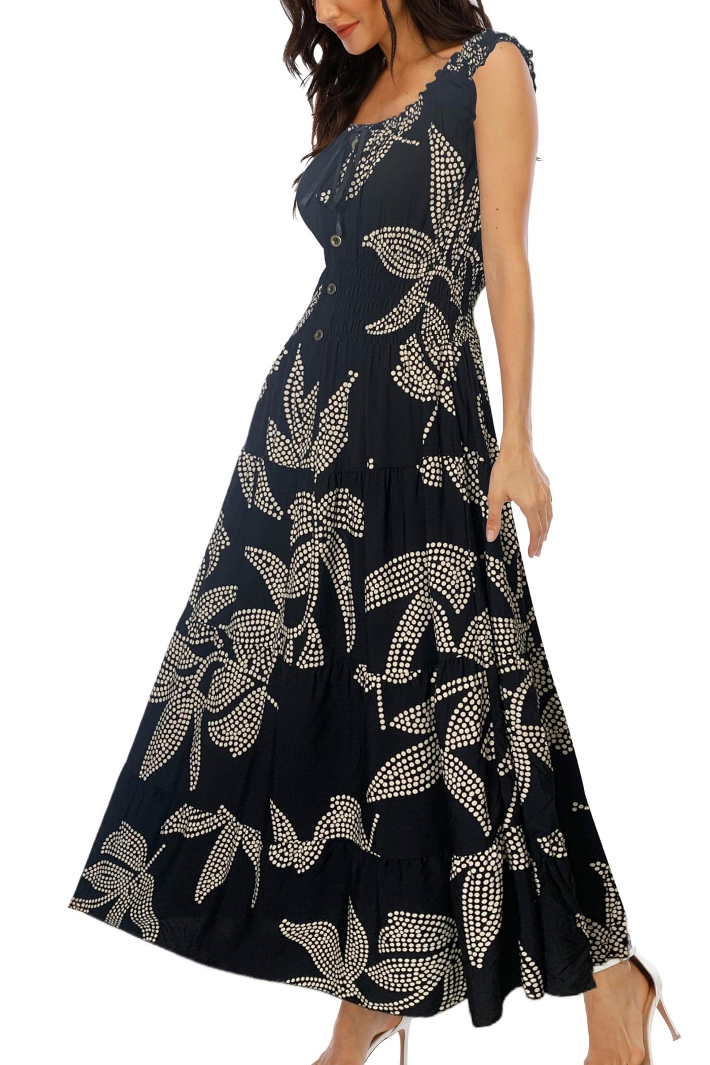 OSTOO Women's 2025 Summer Boho Floral Print Tiered Casual Flowy Long Maxi Dress(Black,S)