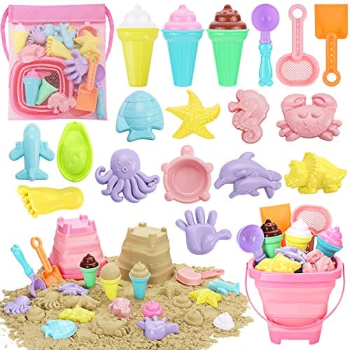 REZUCREY Beach Toys Ice Cream Sand Toys for Toddlers with Collapsible Bucket and Shovels for Kids with Bag Travel Toys for Boys Baby Girls Age 3 4 5 6 7 8