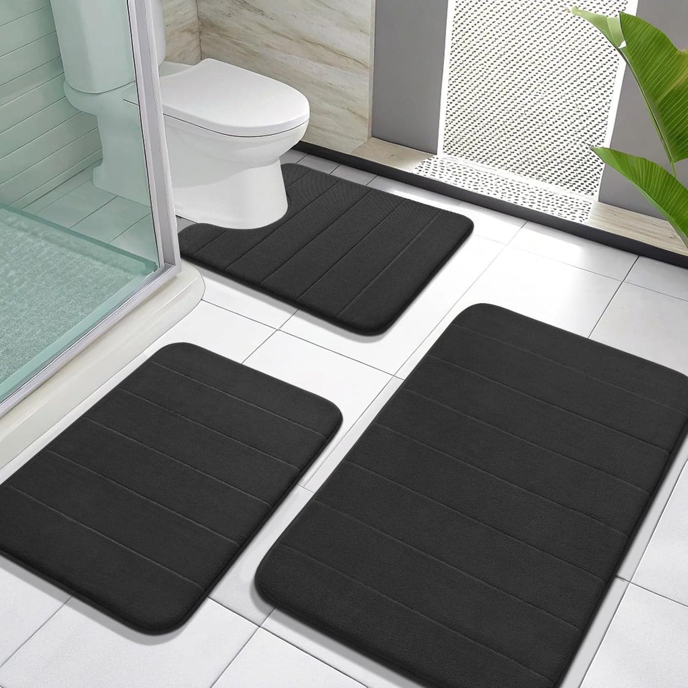 Yimobra Memory Foam Bath Mat Set 3 Pieces Super Soft Absorbent Quick Dry Bathroom Rug Sets Machine Washable Non Slip Floor Carpet for Tub Shower Vanity Toilet Base Black