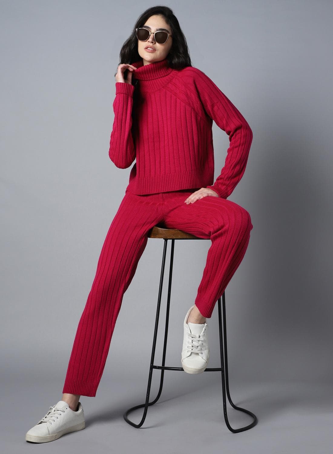 Women's Hot Pink 100% Acrylic T-Shirt Upperwear Full Length Casual Bottomwear Regular Fit Co-Ords