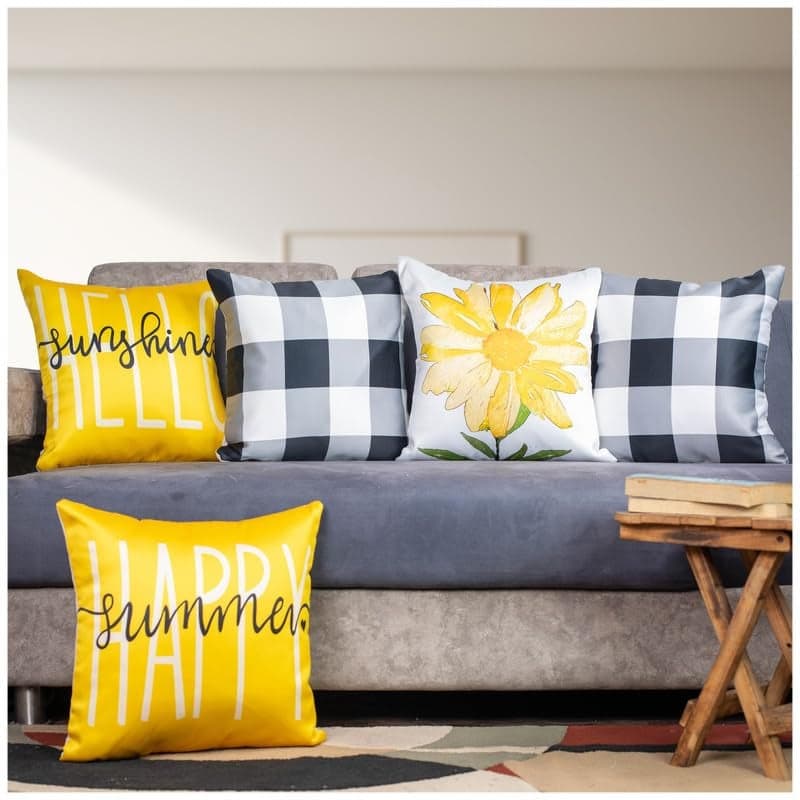 Vendola Decorative Satin Sofa Cushion Covers Set of 5, 24 inch x 24 inch, Sofa Cushion Pillow Cover, Yellow White and Grey, Zipper Closure (Sunlit Charm, 24X24 Inches)