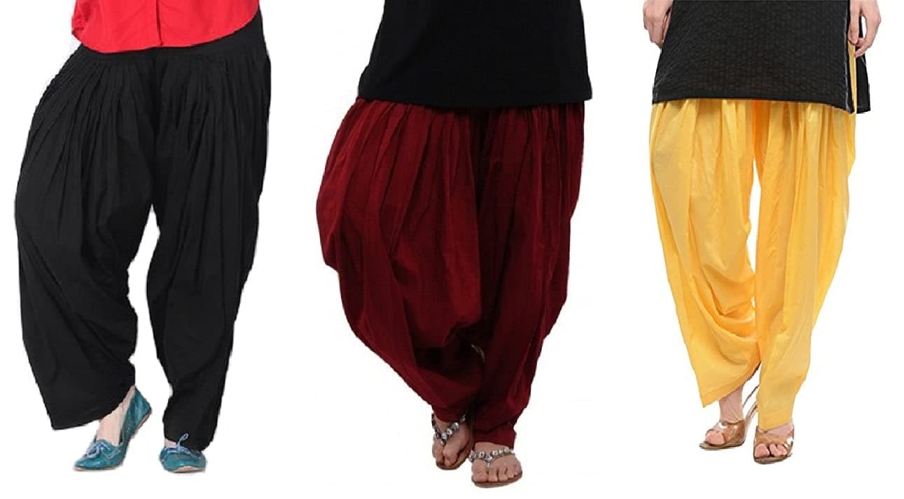 Pistaa's Women's Loose Fit Cotton Patiala Salwar (CSPSBLKMRNYLW_Black, Maroon, Yellow_Free Size), Mid Rise