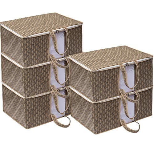 Homestrap Printed Underbed Storage Bag/Organizer/Blanket Cover (Beige|Pack of 5)