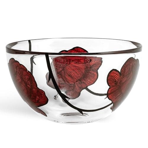 Kosta Boda 8.8" Tattoo Serving Bowl, Hand-Painted Glass - Rose Tattoo Inspired, Wide & Shallow Bowls, For Salad, Popcorn, Chip and Dip, Fruit, Red/Clear