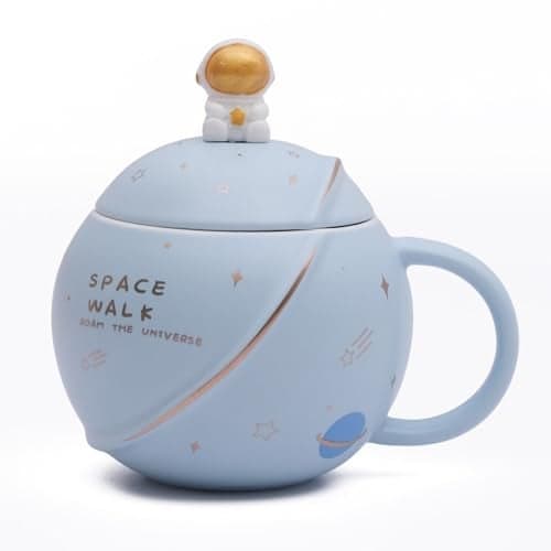 STORE 2508 Coffee Mug Mugs for Gift Birthday Gift Cups Ceramic Mug Valentine Gift for Boyfriend Best Friend Mug with Lid & Spoon 3D Creative Space and Astronaut Planet Coffee Mug 400ml (Light Blue)