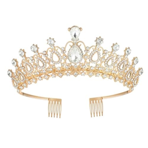 Shining Diva Fashion Crystal Tiara and Crown for Women Stylish Headband Crowns with Comb Tiaras for Girls Kids Queen Princess Wedding Bridal Birthday Gift Hair Accessories (Gold) (rr15872hb)