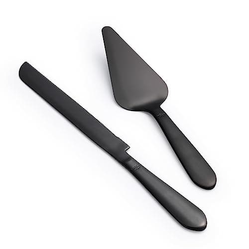 Eisinly Wedding Cake Knife and Server Set, Integral Stainless Steel Longer Cake Cutter and Wider Pie Spatula, Elegant Cake Cutting Serving Set for Party Birthday Bridal Shower Set of 2, Matte Black
