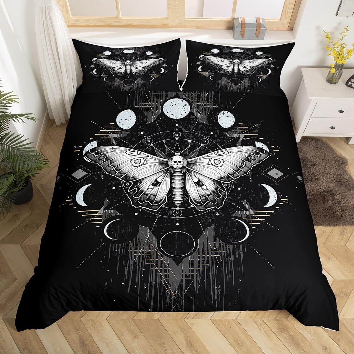 Death Moth Duvet Cover Set King Size Galaxy Sun and Moon Comforter Cover Boho Gothic Skull Bedding Set 3pcs for Kids Boys Teens Room Decor Black and White Quilt Cover with 2 Pillowcases No Comforter