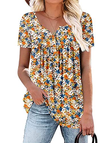 ROSELINLIN Floral Short Sleeve Shirts for Women Pull Over Tunic Top V Neck T Shirt M Orange Yellow
