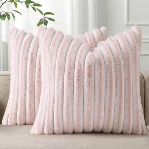 Pallene Faux Fur Plush Throw Pillow Covers 18x18 Set of 2, Luxury Soft Fluffy Striped Decorative Pillow Covers for Sofa, Couch, Living Room, Ombre Pink