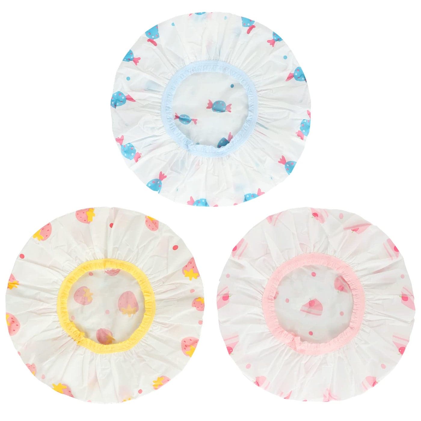 Waterproof Shower Caps 3 Pcs Plastic Reusable Shower Caps Elastic Band Bath Caps for Women Kids Food