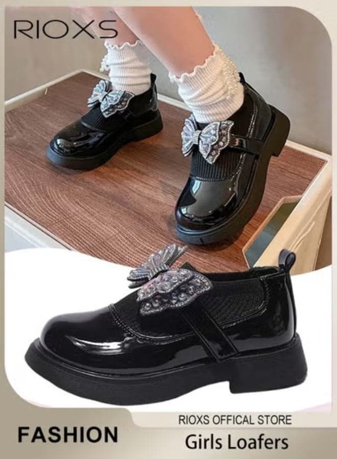 Girls' Loafers, Bowknot Flat Loafer for Girls, Closed Round Toe Shoes, Casual Slip-On Shoes, Low Heel School Uniform Shoes, Princess Mary Jane Shoes, Flower Girls Flats for Wedding Party, Girls' Fashion for Toddler Little/Big Kid, Black Footwear