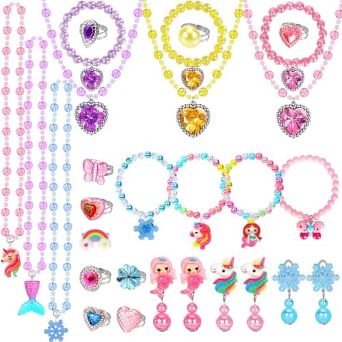 Kids Play Jewelry Sets Princess Toys for Girls 46 29 Pcs Little Girl Costume Jewelry Unicorn Necklaces Bracelets Rings Earrings Dress Up Birthday Easter Gifts for Kids Pretend Play Party Favor Multiple