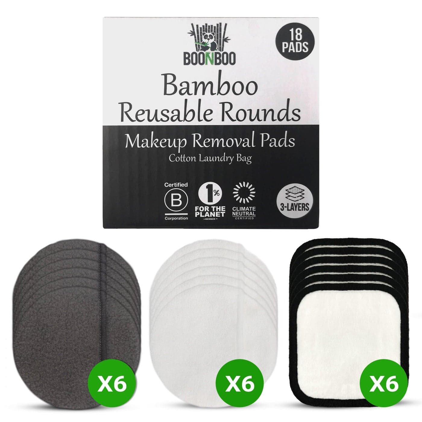 BOONBOO Reusable Makeup Removal Pads 3Layer 18 Pieces
