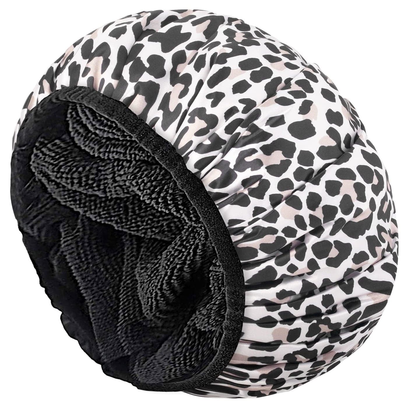 Aquior Shower CapExtra Large Triple Layer Bathing Cap with Dry Hair Function for Women Microfiber Terry Cloth Silky Satin 100 Waterproof Reusable Long Hair Bath Caps Leopard