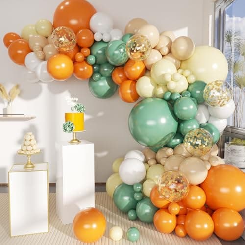 MEBAY Sage Green Orange Balloon Arch Kit 141Pcs Pea Green Orange Pastel Yellow Sand White and White Latex Balloons for Birthday Wedding Baby Shower Gender Reveal Anniversary