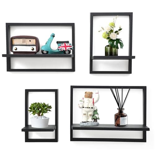 PHOENANCEE Square Floating ShelvesFramed Wall Shelf Decorative Set of 4Modern Plants Hanging Display Art Decor Storage for Livingroom Bedroom Bathroom FarmhouseHome Light WoodRustic Black