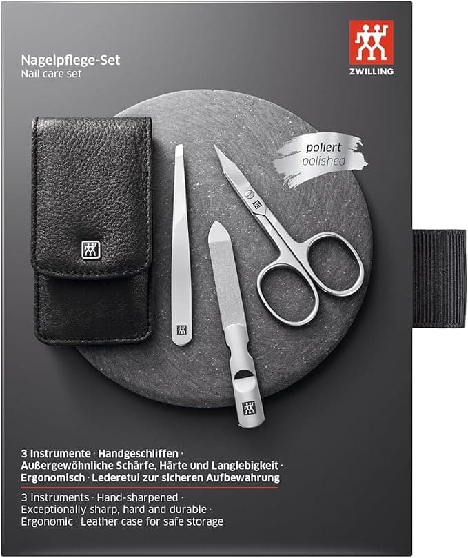 ZWILLING Manicure Pedicure Set 3 Pieces with Combination Nail Scissors for Hands and Feet 100 Leather Black