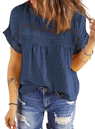 Dokotoo Summer Tops for Women Cute Lace Crochet Crewneck Short Sleeve Blouses Pom Pom Chiffon Babydoll Shirts Going Out Tops for Women Teen Girls Boho Clothing Blue L