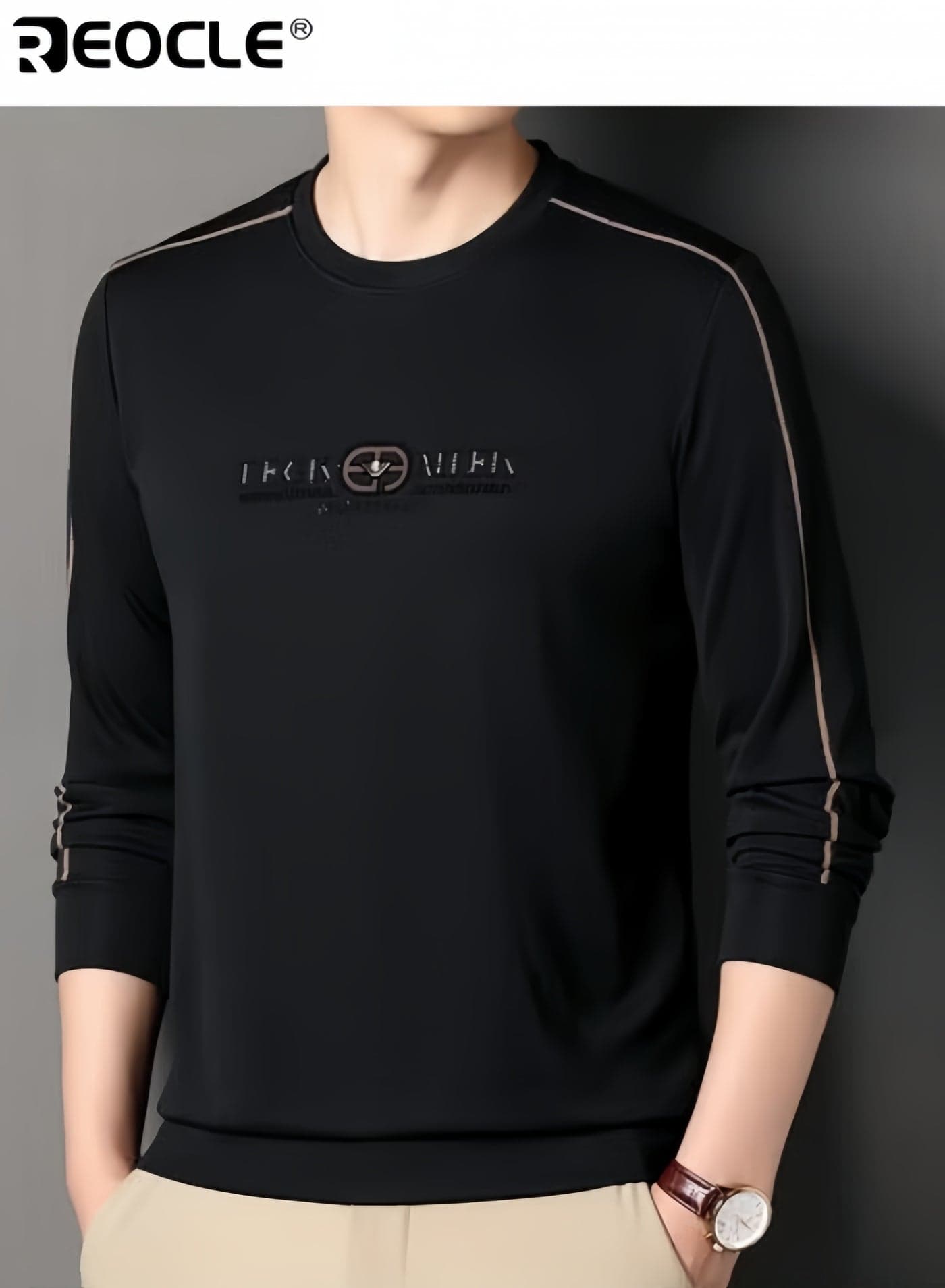 Men's 3D Tailoring Long Sleeve Shirt Fashion Korean Style Sweatshirt Casual Round Neck Top Black