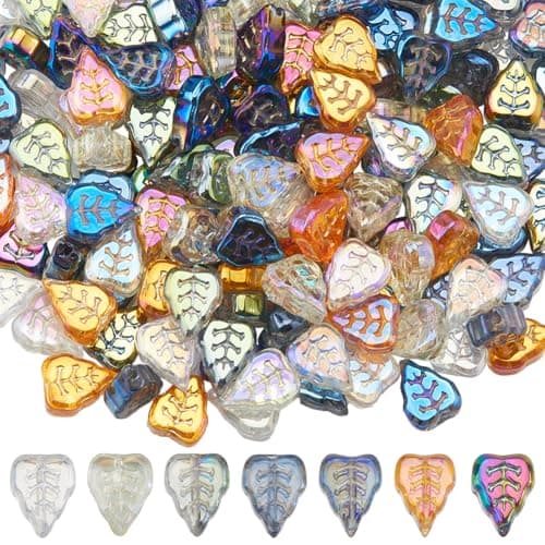 SUNNYCLUE 168Pcs 7 Styles Glass Leaf Beads Fall Leaves Beads Bulk Colorful Spacer Strands Electroplate AB Tree Plant Bead for Jewelry Making DIY Craft Necklace Bracelet Earring Crafting Anklets Women