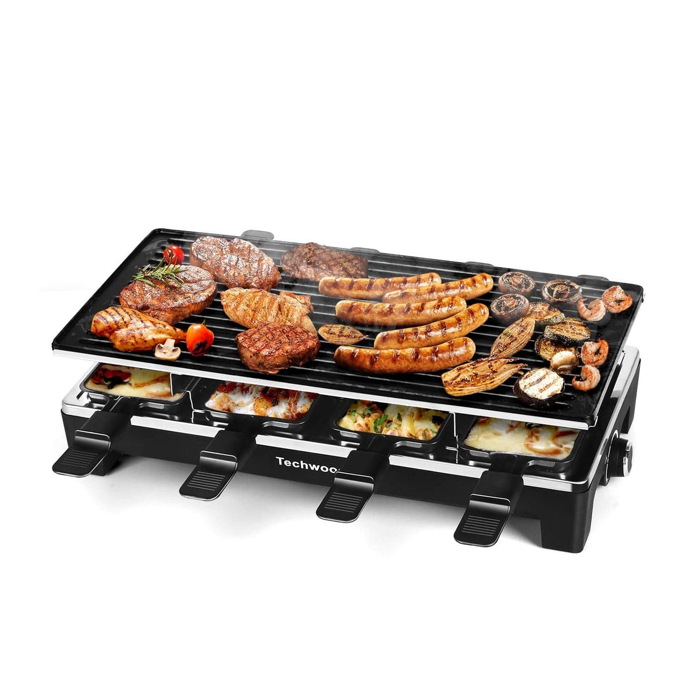 Raclette Table Grill Techwood Electric Indoor Grill Korean BBQ Grill Removable 2in1 NonStick Grill Plate 1500W Fast Heating with 8 Cheese Melt Pans Ideal for Parties and Family Fun Black
