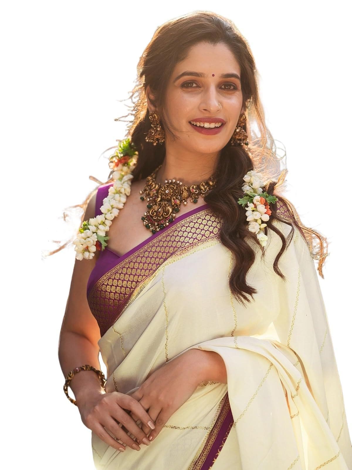 Satrani Women's Silk Weaving Kanjivaram Saree with Unstitched Blouse Piece (4181S114N_Cream & Purple)