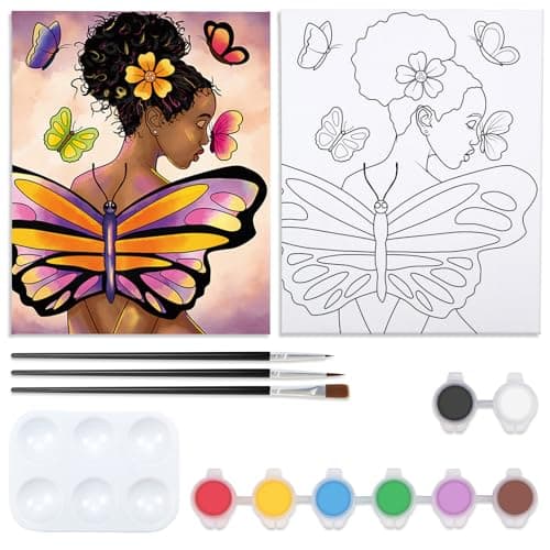 VOCHIC Pre Drawn Canvas for Painting for Adults Paint and Sip Kit Painting Party Supplies 8 Acrylic Colors3 Brushes1 Palette Art Set Butterfly Girl 12x16 in