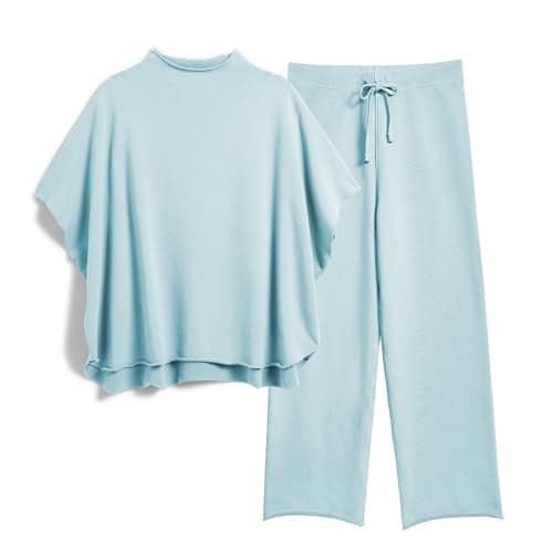 SeeLuNa Womens Two Piece Outfits 34 Batwing Sleeve Capelet Crew Neck Pullover Top Wide Leg Pants Lounge SetBlueGreenL