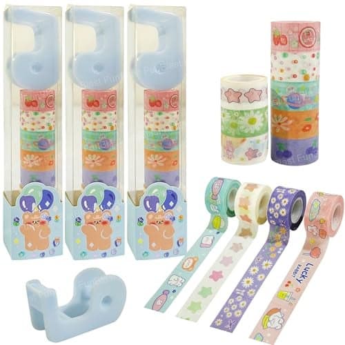 FunBlast Washi Tape Set – 24 Pcs Mini Decorative Masking Tape with 3 Dispenser, Paper Tape for Scrapbooking, Planners, Gift Wrapping, DIY Decoration Tapes for and Art & Craft (Pack of 3(Blue))
