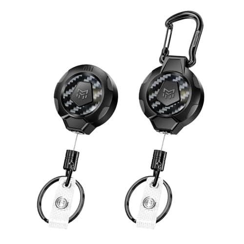 MNGARISTA Upgraded Heavy Duty Retractable Keychain, Belt Clip Ver. & Carabiner Ver., 10 oz Retraction, 31.5" Stainless Steel Cable, 3K Carbon Fiber Tactical ID Badge Reel Key Chain Retractor, 2 Pack