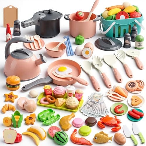 130Pcs Kitchen Playset Toddler Pretend Cooking Play Pots Pans Utensils Cookware Daily Food Fruit Veges Shopping Storage Basket Dessert Prop Money Learning Gift for Child Pink