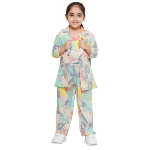 AJ DEZINES Kids Casual Wear Blue Printed Cotton Top Pant and Jacket Clothing Set for Girls (G-CO-2013-Firozi-24)