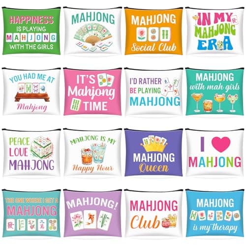 SilTriangle 16 Pcs Mahjong Cosmetic Bag Gifts for Women Mahjong Makeup Bag Mah Jong Zippered Pouch for Lover Player Mothers Birthday Party Lucky Mah Jong Gift Coquette Accessories (Styles 2)