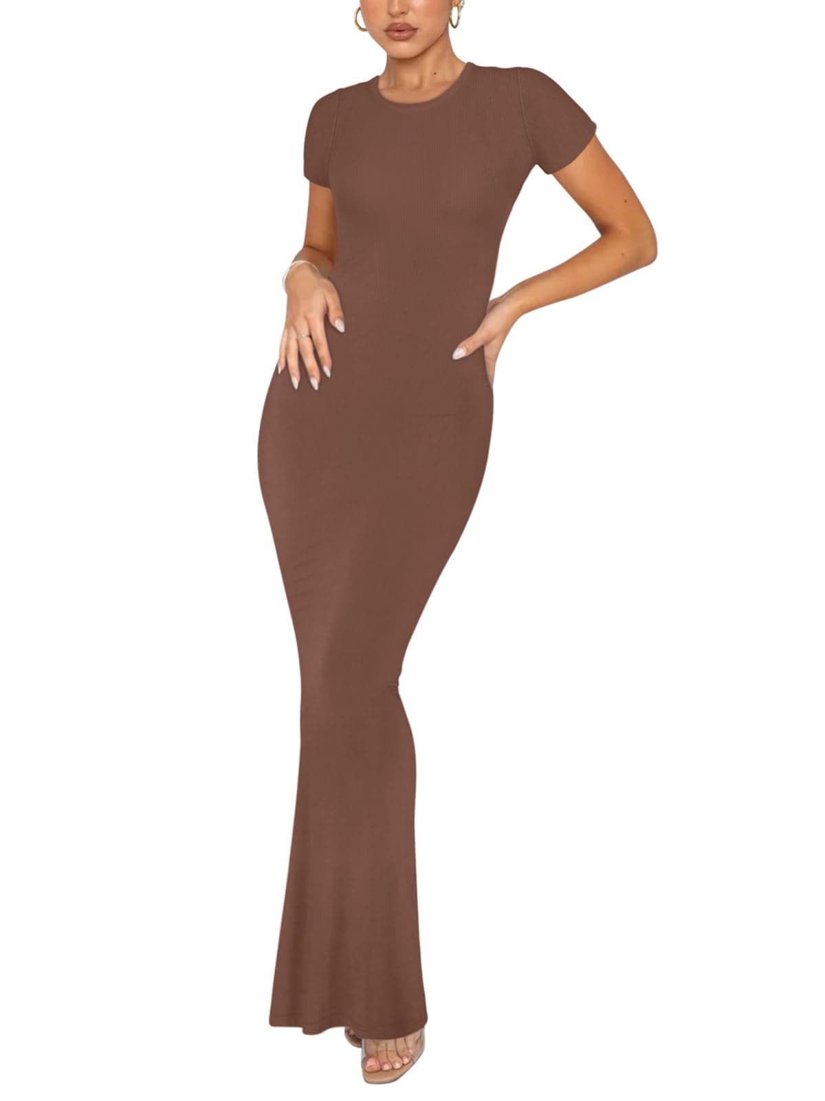 REORIA Women's Summer Sexy Casual Lounge Long Dress Elegant Wedding Guest Short Sleeve Crew Neck Bodycon Maxi Dresses Coffee Small