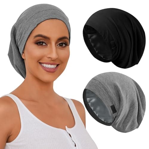 ZHENSILK Silk Satin Bonnet Satin Lined Sleep Cap Hair Wrap for Sleeping Hair Cover Slouchy Beanie Hat for Women Men 2PCSBlackGrey