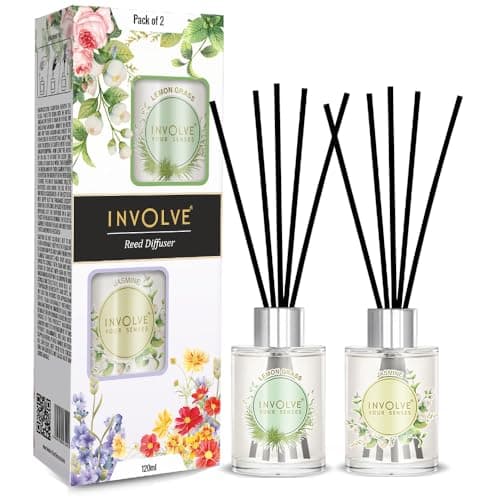 Involve Pura Reed Diffuser Set- Lemongrass & Jasmine - 120 ml | Oil Diffuser with Free 10 Reed Sticks | Room Freshener for Home, Bedroom | Gifts Set (Pack of 2) | Gifting Items for House Warming