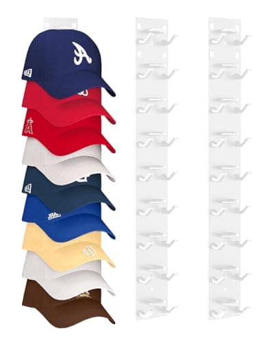 Meeenmiil Hat Organizer for Baseball Caps 2Pack Strong Adhesive Hat Rack for Wall Multilayer Hat Hooks Storage for 18 Hats Hat Holder Hanger for Door Bedroom Closet White