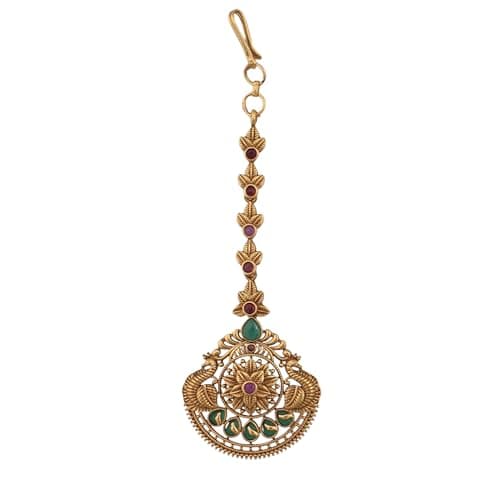 TARINIKA Antique Maang Tikka(Nethi chutti) for Women, Gold Plated Brass & CZ Stones Head Jewelry, Traditional Wedding Mang tikka Festive & Bridal Accessory (Floral Splendor)