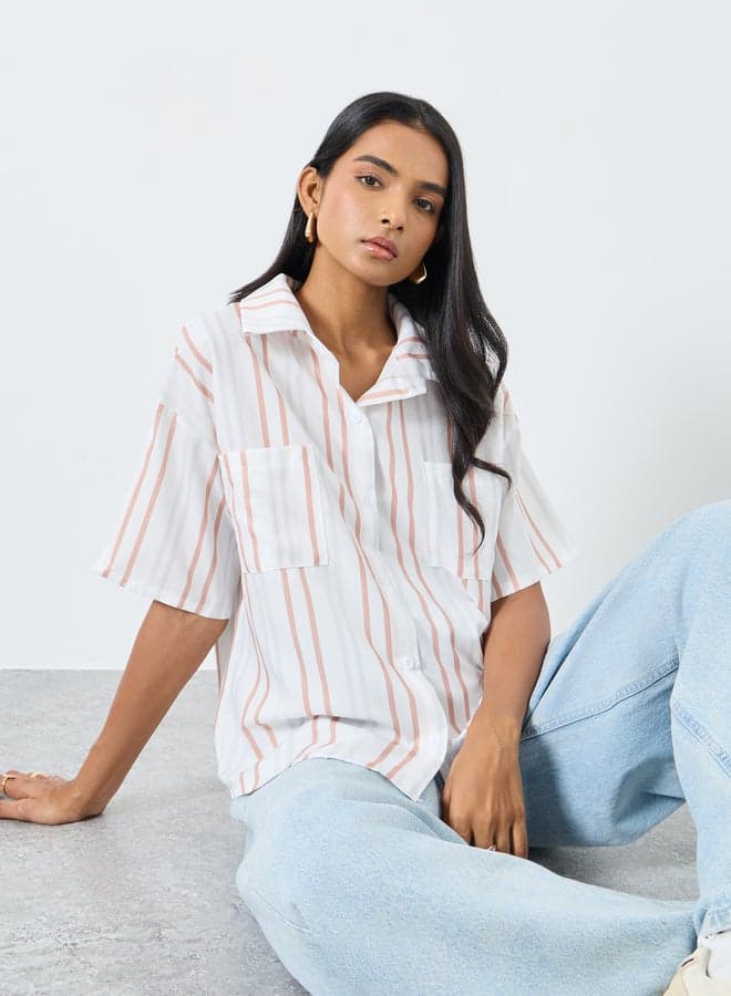 Striped Buttoned Spread Collar Shirt