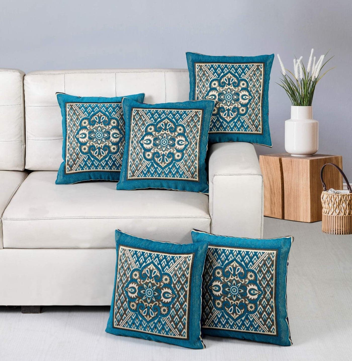 Nendle Velvet 500TC Cushion Covers, 16 x 16 Inches, Sky Blue, Set of 5 Pieces