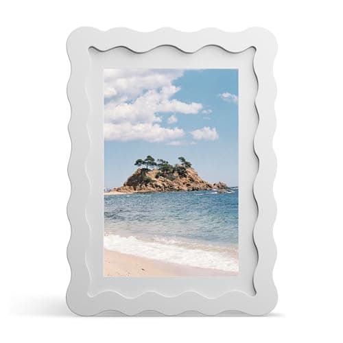 THKRLOF 5x7 Picture Frame with Mat for 4x6, Wavy Edge Wooden Real Glass Photo Frame for Tabletop and Wall Hanging, White, 1 Pack
