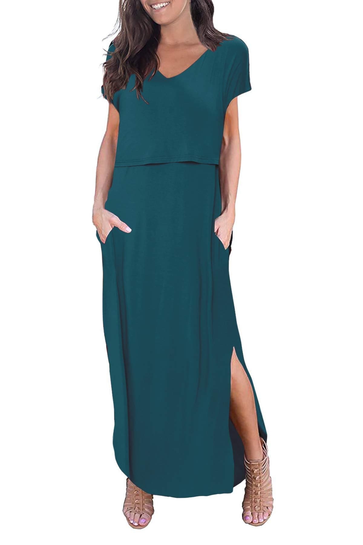Smallshow Womens Maternity Nursing Dresses Split Long Dress for Breastfeeding Large Teal
